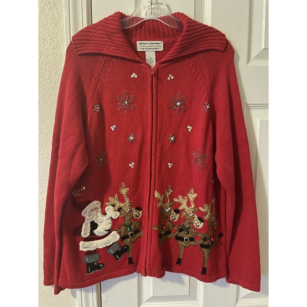Heirloom Collectibles Santa Reindeer Dancing Zip Ugly Christmas Sweater M Holida